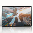 Large abstract wall art of Miami skyline in muted pastel shades on a framed acrylic, suitable for modern living room decor.