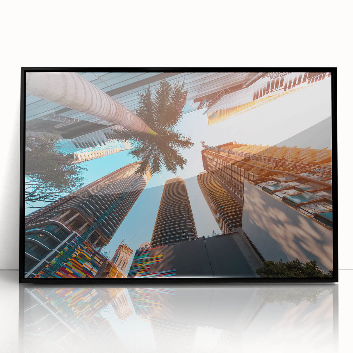 Large abstract wall art of Miami skyline in muted pastel shades on a framed acrylic, suitable for modern living room decor.