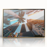 Large art print of Miami skyline in gold and blue tones on framed acrylic, suited for modern art wall decor.