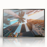 Mid-century modernist art depicting Miami skyline in pastel shades on silver-framed acrylic, ideal for nursery wall art.