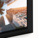 Close-up of a black wall art canvas depicting textured, colorful Miami scenery, ideal for living room decor.