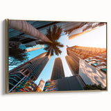 Framed canvas depicting a vintage-style Miami landscape with black and gold tones, ideal for bedroom wall art.