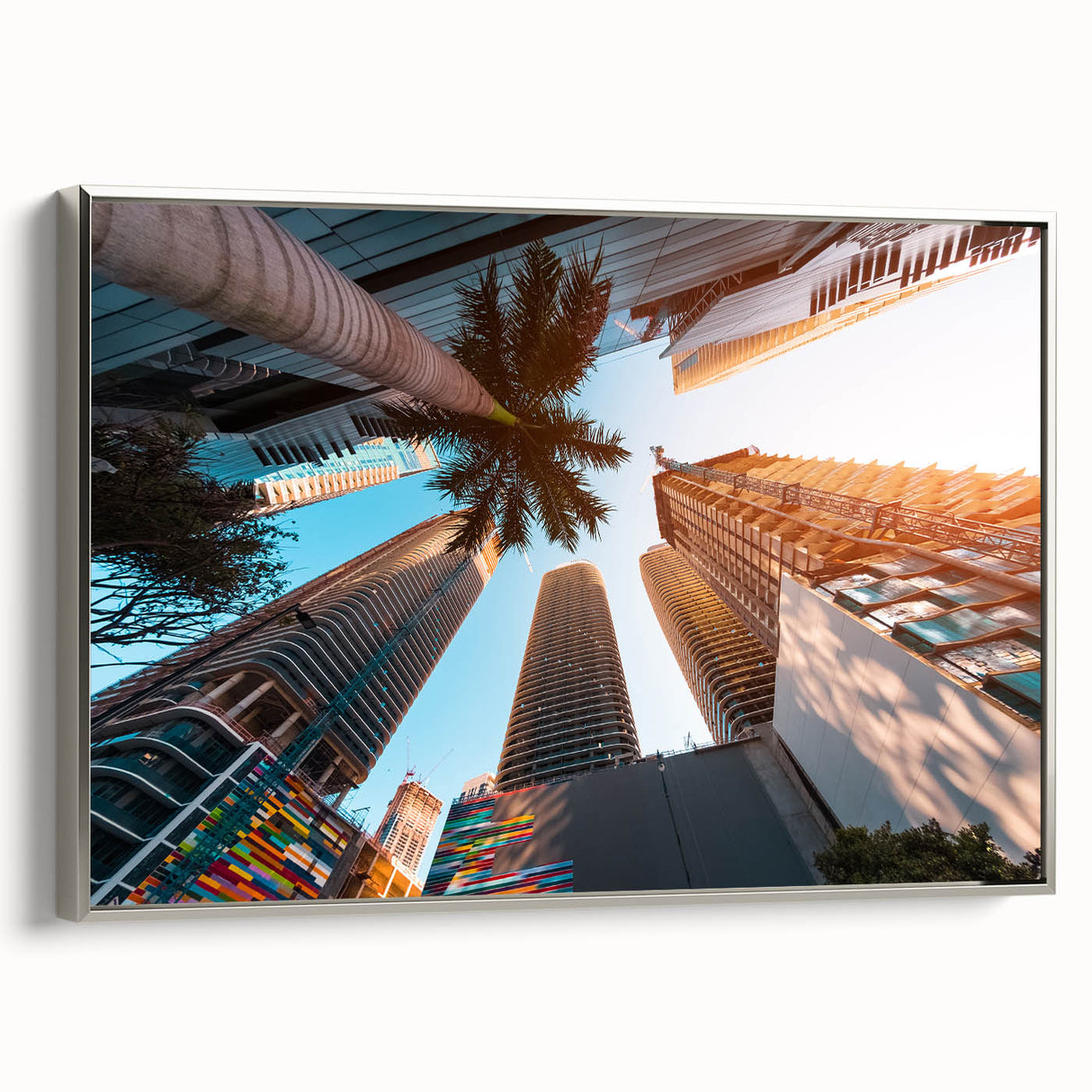 Landscape art painting of Miami with vibrant colors on silver-framed canvas, ideal for living room decor.