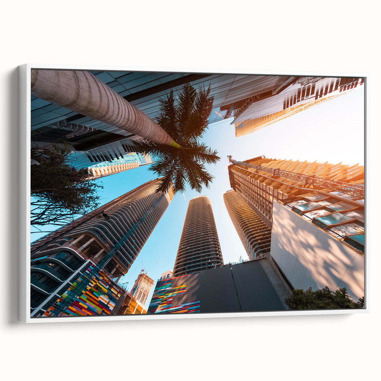 Vintage poster art of Miami skyline in vibrant colors on extra large framed canvas, ideal for living room decor.