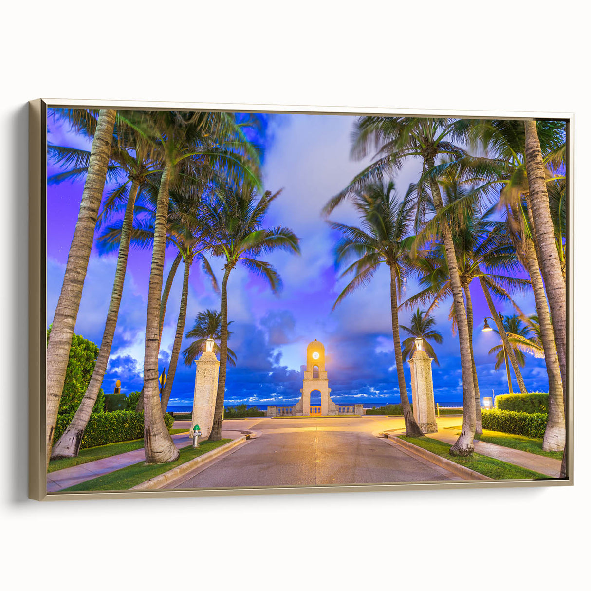 Framed canvas featuring a vintage-style landscape of Palm Beach with black and gold tones, ideal for bedroom wall art.