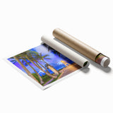 Extra large rolled print of Palm Beach with vibrant floral elements, ideal for classy bathroom wall art.