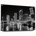 Acrylic print of Tampa skyline in muted gray and blue tones, suitable for bedroom or dining room decor.