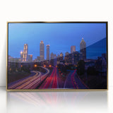 Framed acrylic print of Atlanta skyline in muted gold and blue tones, suitable for modern art wall decor.