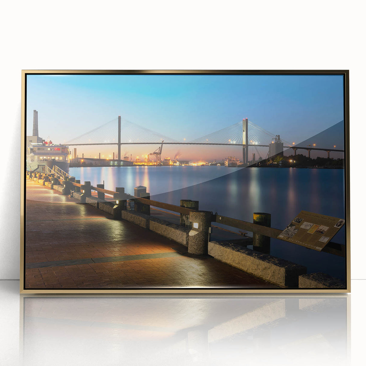 Mid-century modernist Savannah skyline in muted gold and blue tones on a large framed acrylic print.