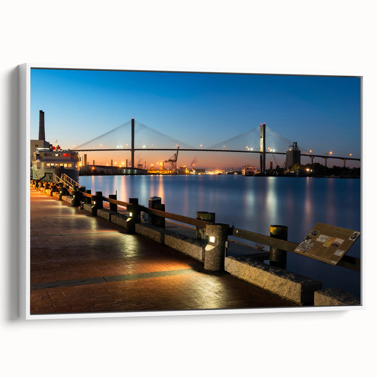 Vintage poster art of Savannah, Georgia on extra-large framed canvas, featuring colorful imagery on a black background.