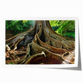Rolled print of Kauai landscape with lush greenery and waterfalls, in vibrant green and blue tones.