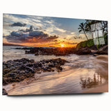 Large abstract wall art of Maui coastline in muted blue and green tones on acrylic glass.