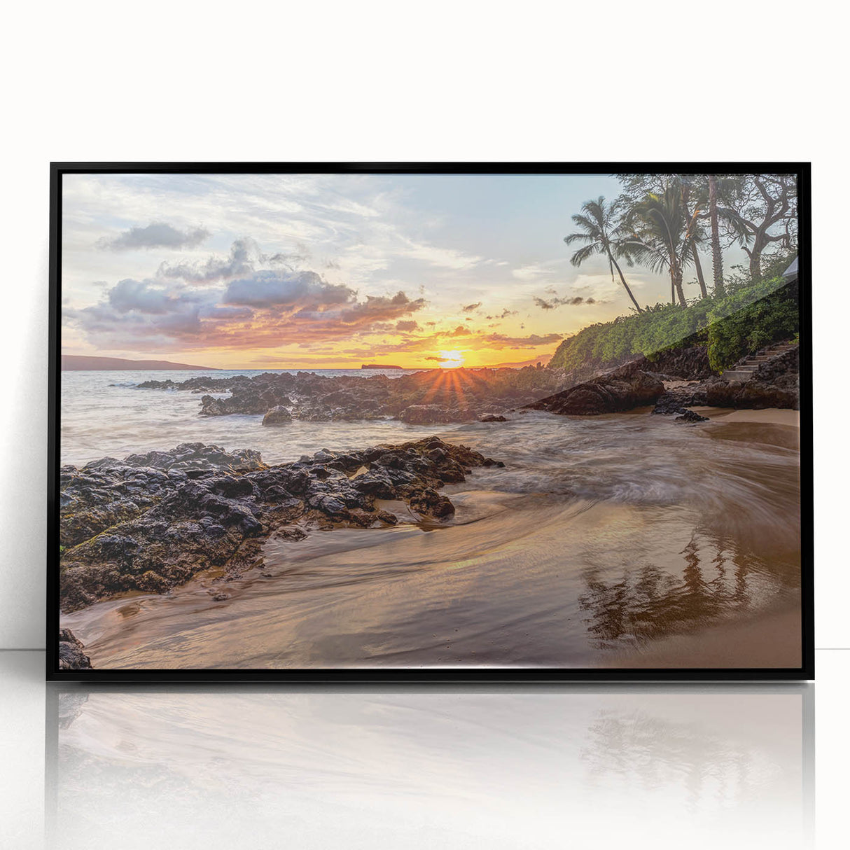 Large abstract wall art of Maui landscape in muted earth tones on framed acrylic, suitable for modern living room decor.