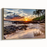Framed canvas depicting a vintage-style landscape of Maui with a black and gold color palette, ideal for bedroom wall art.