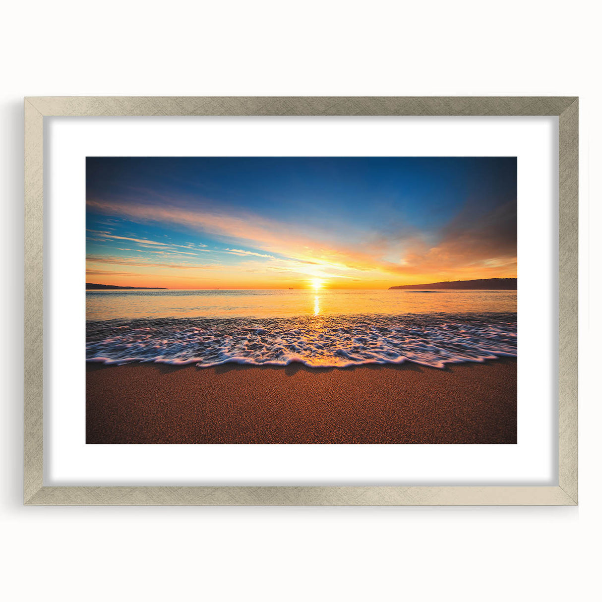 Textured abstract art print of Oahu, Hawaii, with vibrant blue and green tones on a framed silver mat.