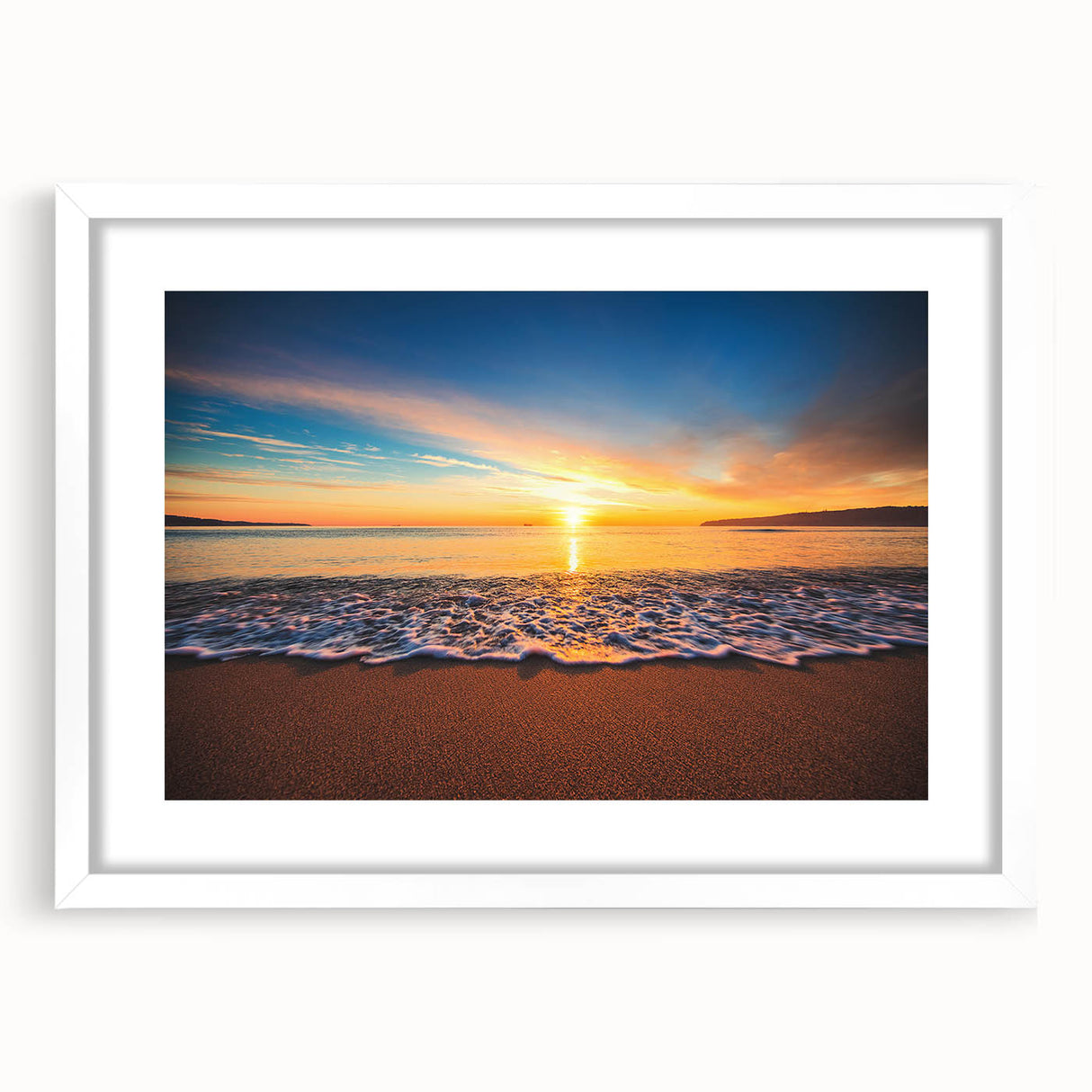 Abstract art print of Oahu, Hawaii in muted blue and green tones on a framed white canvas.