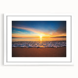 Abstract art print of Oahu, Hawaii in muted blue and green tones on a framed white canvas.