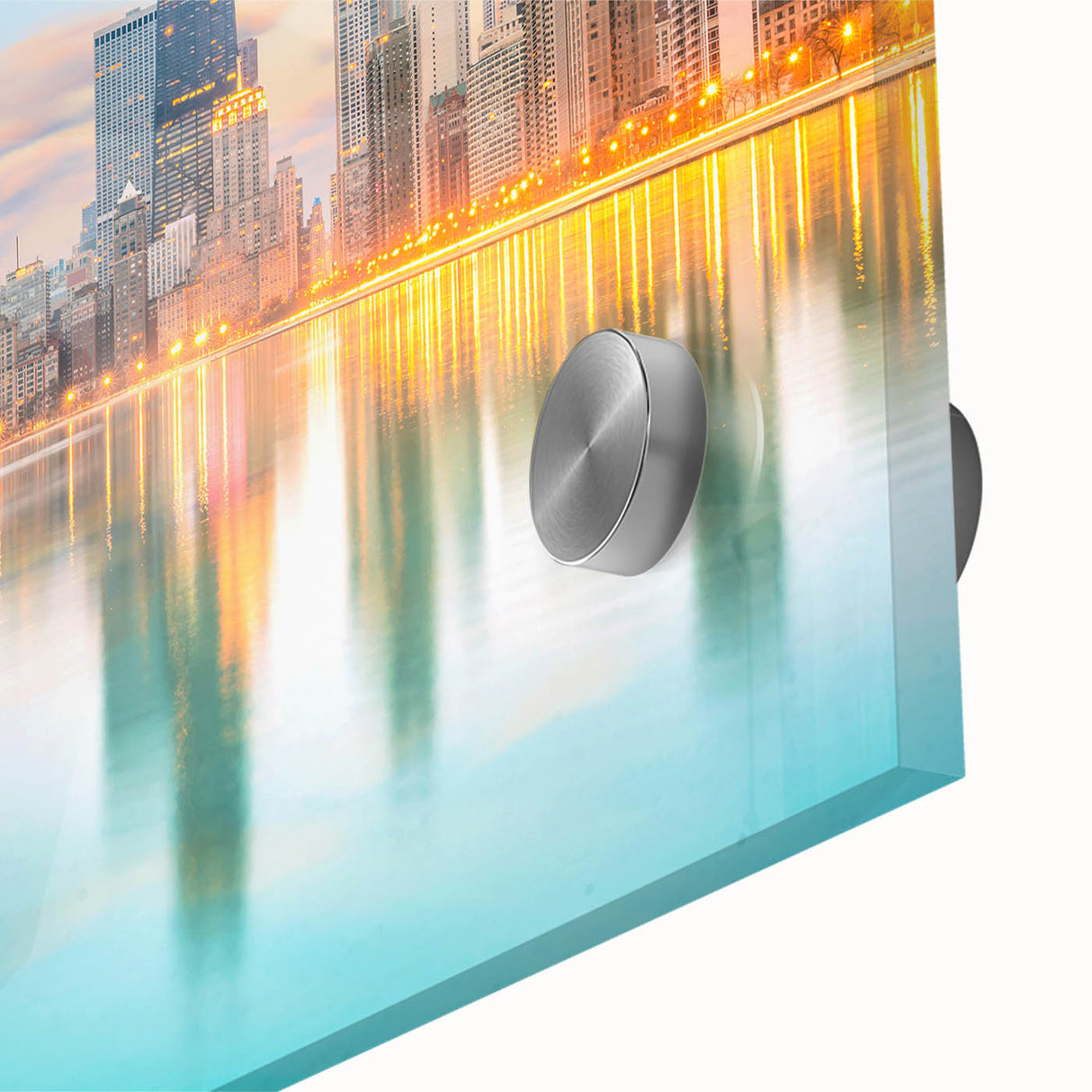 Large abstract depiction of Chicago skyline in muted blue and gray tones on acrylic glass, ideal for dining room art.
