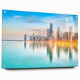 Acrylic print of Chicago skyline in muted blue tones, ideal for modern living room or dining room decor.
