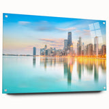 Acrylic print of Chicago skyline in muted blue tones, ideal for modern living room or dining room decor.