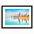 Extra large abstract art print of vibrant, colorful Chicago skyline on textured canvas, framed in black.