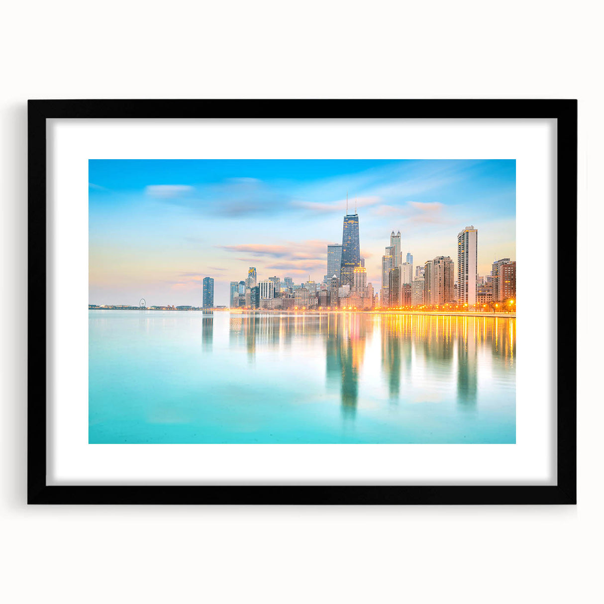 Extra large abstract art print of vibrant, colorful Chicago skyline on textured canvas, framed in black.