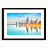 Extra large abstract art print of vibrant, colorful Chicago skyline on textured canvas, framed in black.