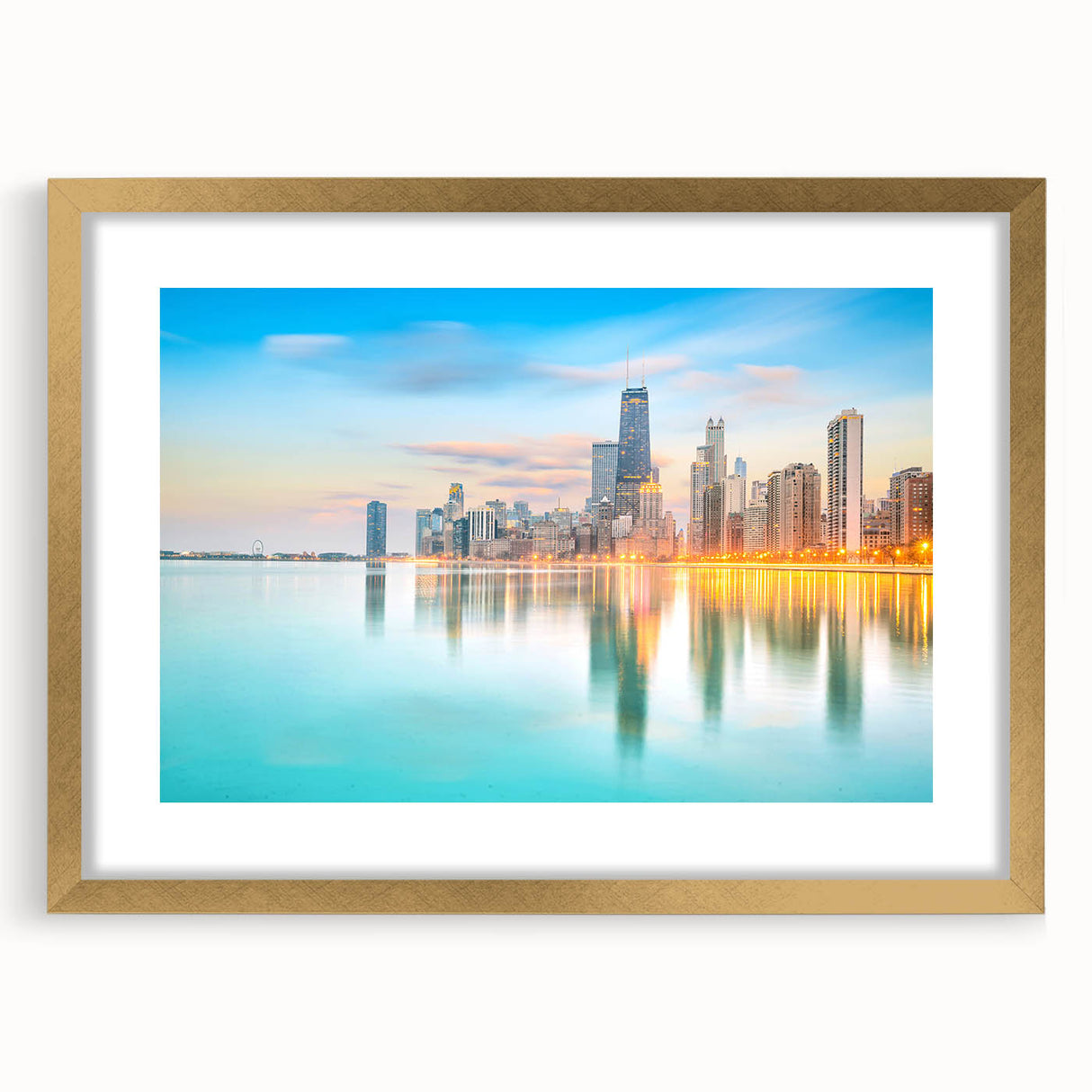 Extra large abstract art print of Chicago skyline in textured gold frame, ideal for living room decor.