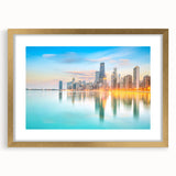 Extra large abstract art print of Chicago skyline in textured gold frame, ideal for living room decor.