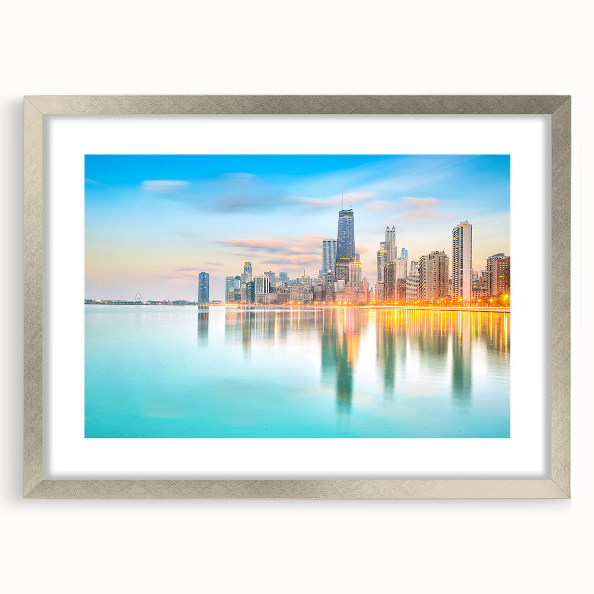 Textured art print of an abstract Chicago skyline in silver frame, using cool gray and blue tones, ideal for bedroom art.