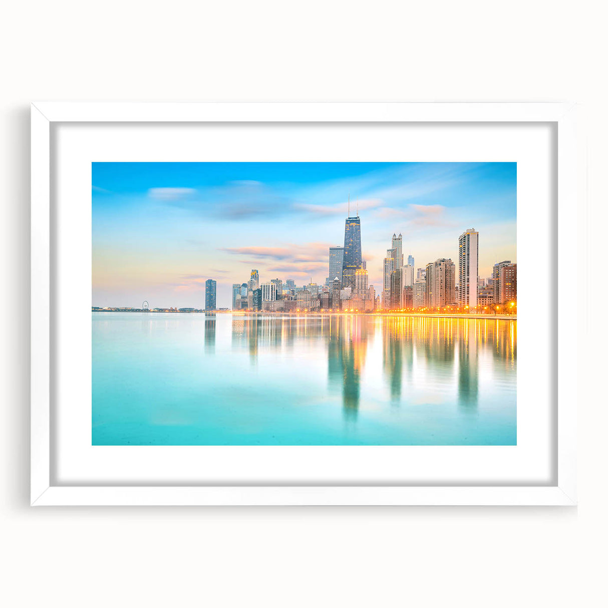Abstract art print of Chicago skyline in muted blue and gray tones on a framed white canvas, ideal for dining room decor.