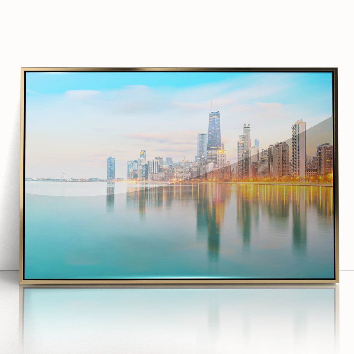Large art print of Chicago skyline in muted gold tones on acrylic, framed, in mid-century modernist style.
