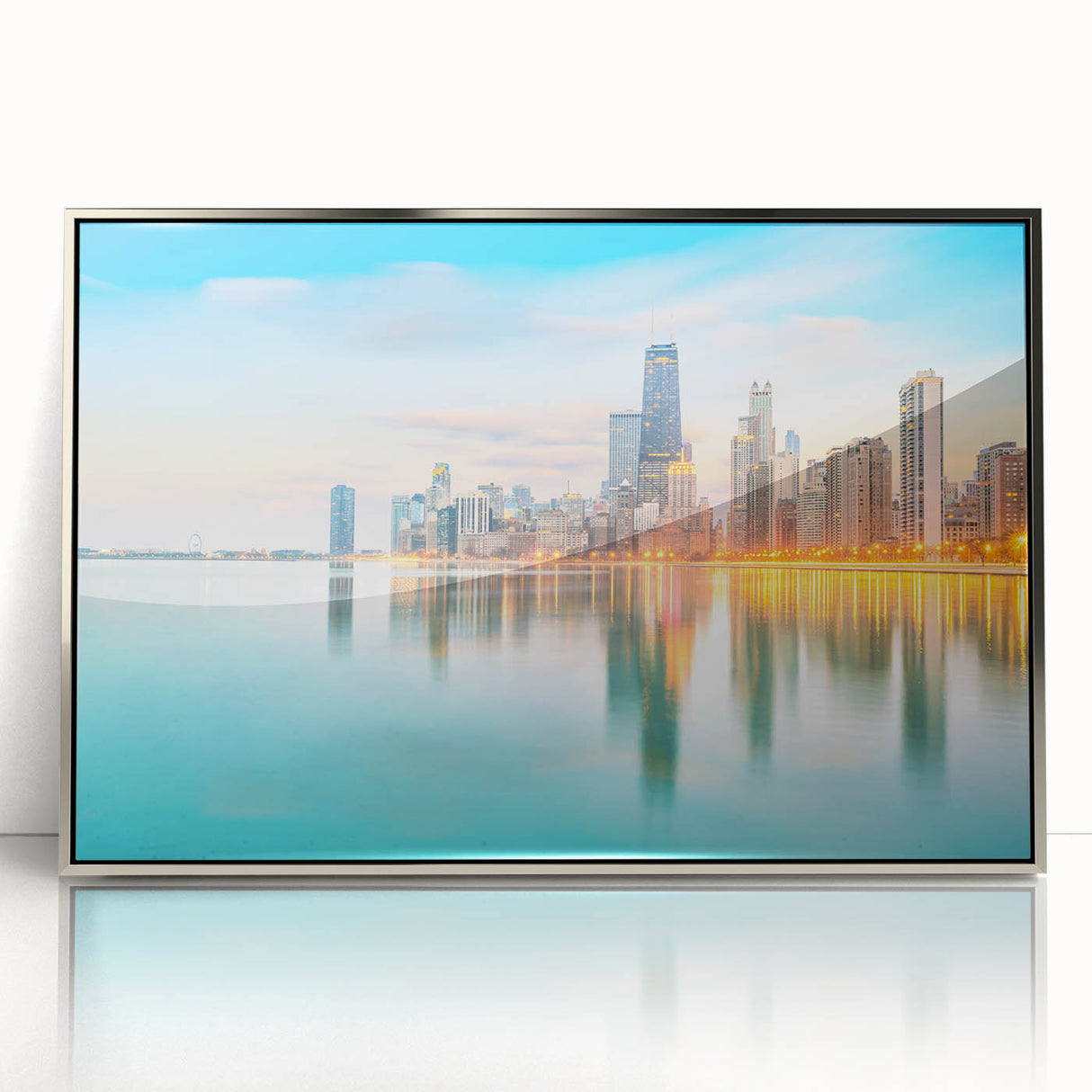 Mid-century modernist art featuring the Chicago skyline in muted blue tones on a framed acrylic print.