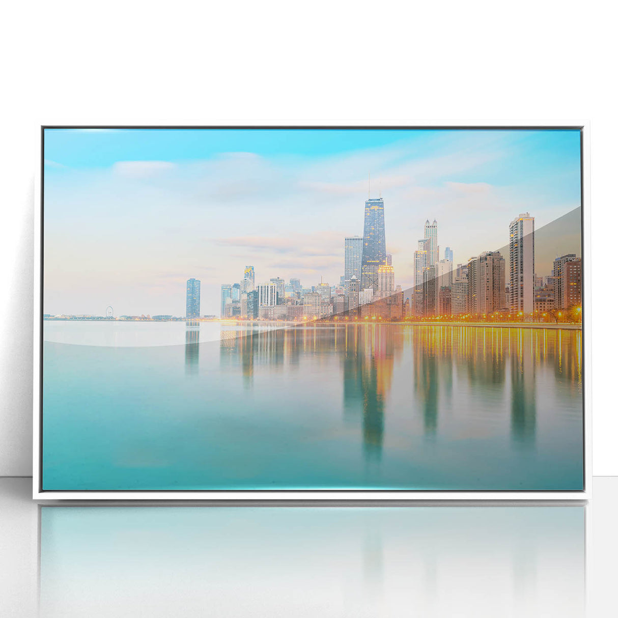 Art deco style Chicago skyline depicted in muted gray and blue tones on a framed acrylic, ideal for modern art wall decor.