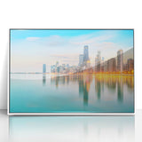 Art deco style Chicago skyline depicted in muted gray and blue tones on a framed acrylic, ideal for modern art wall decor.