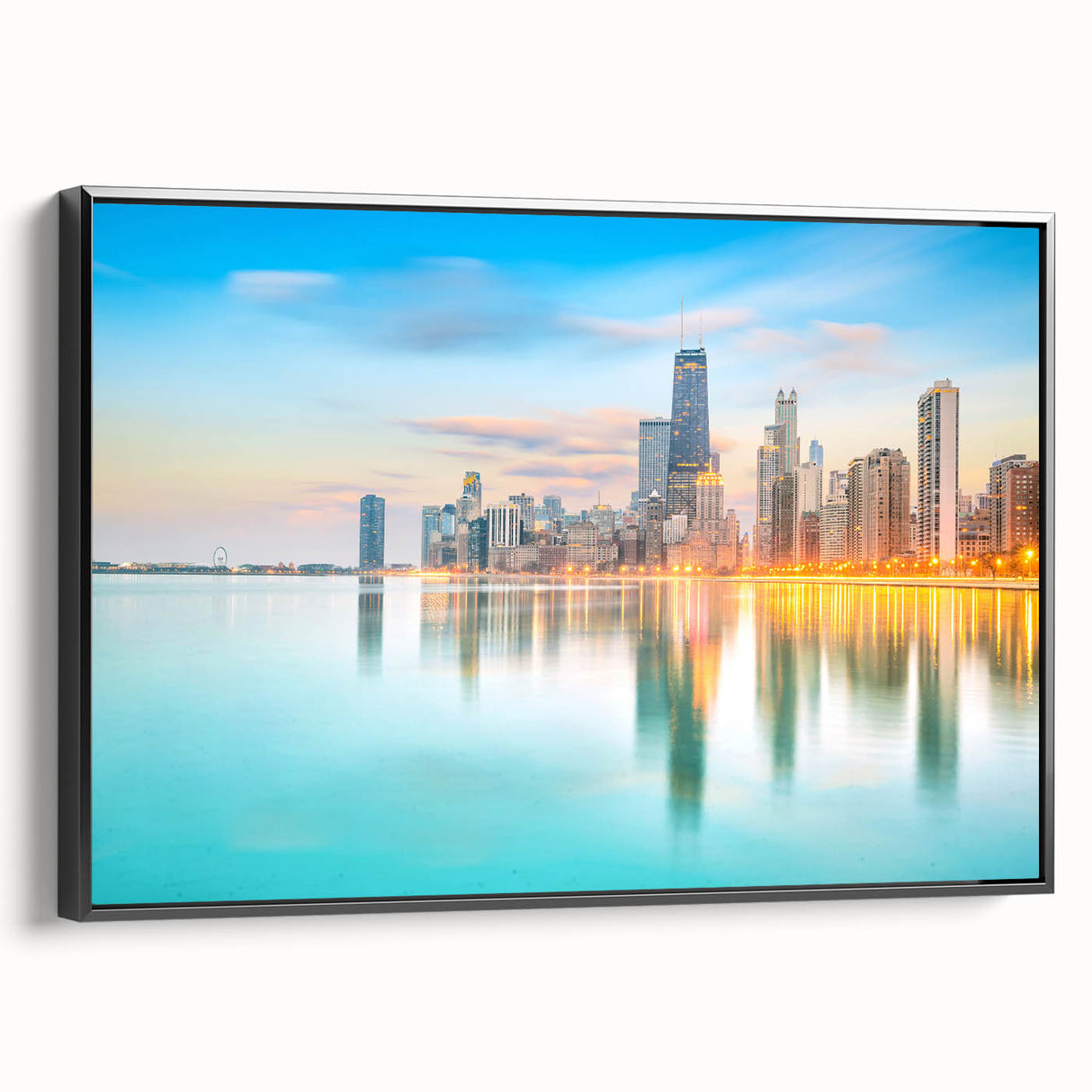 Black and white framed canvas of Chicago skyline, ideal for bedroom wall art with a vintage poster art style.