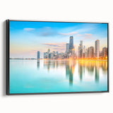 Black and white framed canvas of Chicago skyline, ideal for bedroom wall art with a vintage poster art style.