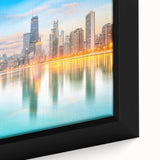 Extra large framed canvas featuring a textured depiction of the Chicago skyline in black with colorful art accents.