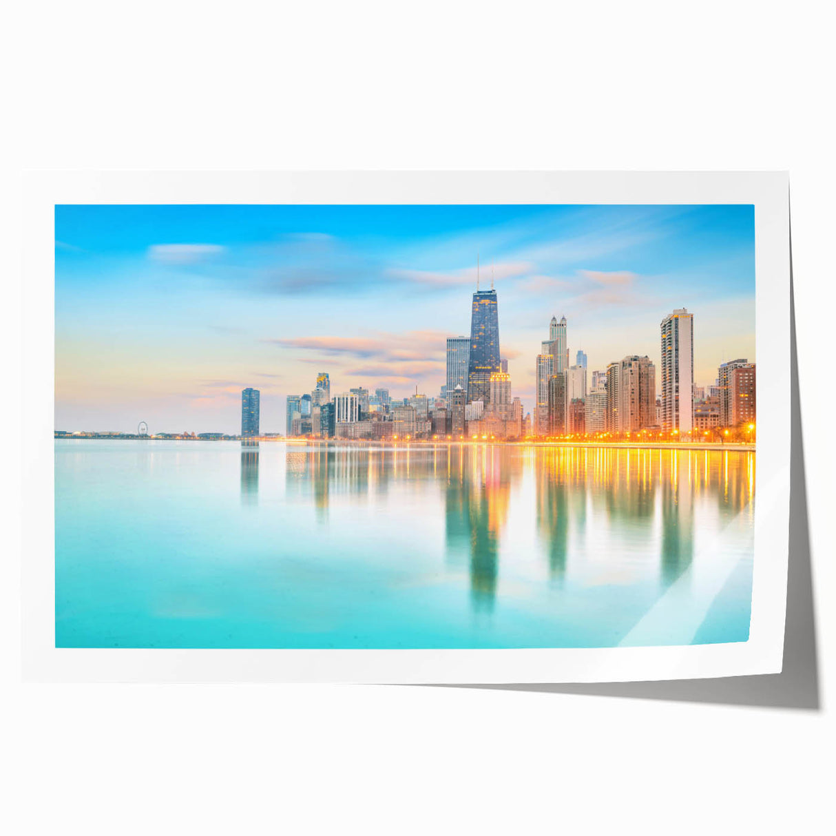 Extra large rolled print of Chicago skyline with muted blue and gray tones, suitable for art wall dining room.