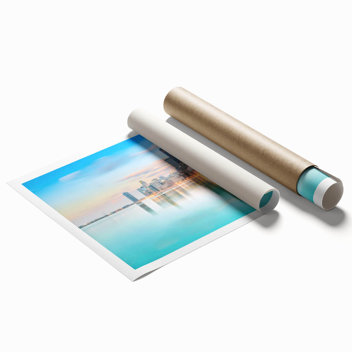 Large rolled print of Chicago skyline in muted gray and blue tones, ideal for classy bathroom wall art.