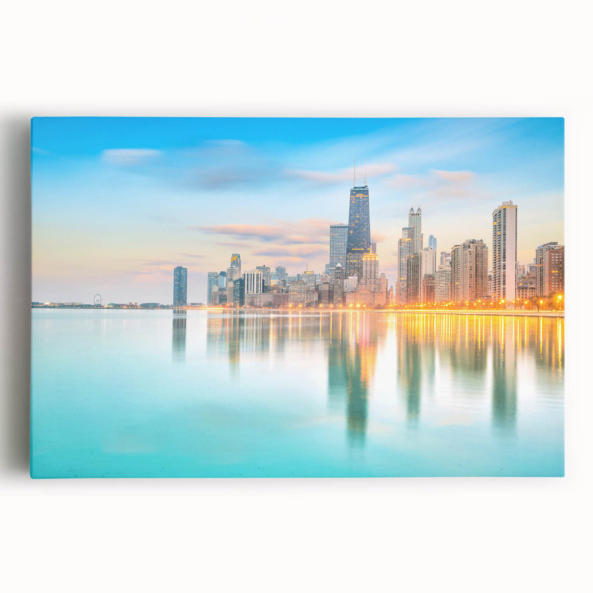 Black and white photograph of Chicago skyline on large stretched canvas, suitable for kitchen wall art.