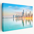 Chicago skyline depicted in muted grayscale on a large stretched canvas, ideal for kitchen wall art.