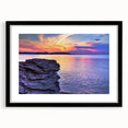 Colorful abstract art print of Lake Michigan, in a black frame with mat, ideal for living room decor.