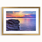 Extra large abstract art print of Lake Michigan, featuring textured blue and gray tones on a gold-framed canvas.