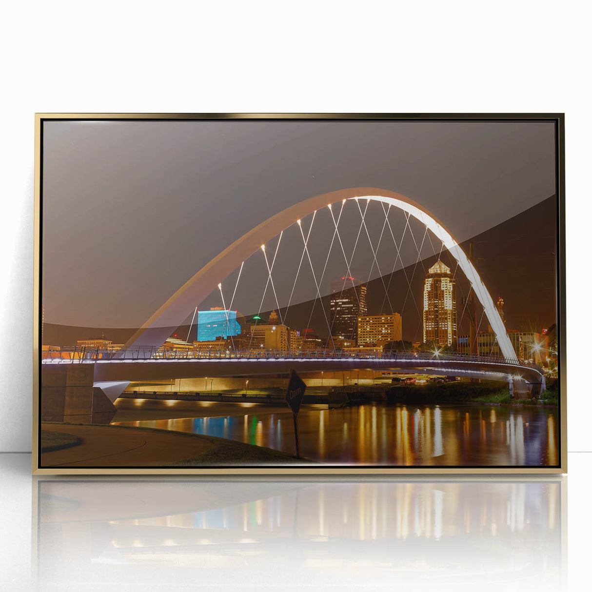 Mid-century modernist Iowa scenery on a large acrylic print with gold frame, suitable for modern art wall decor.