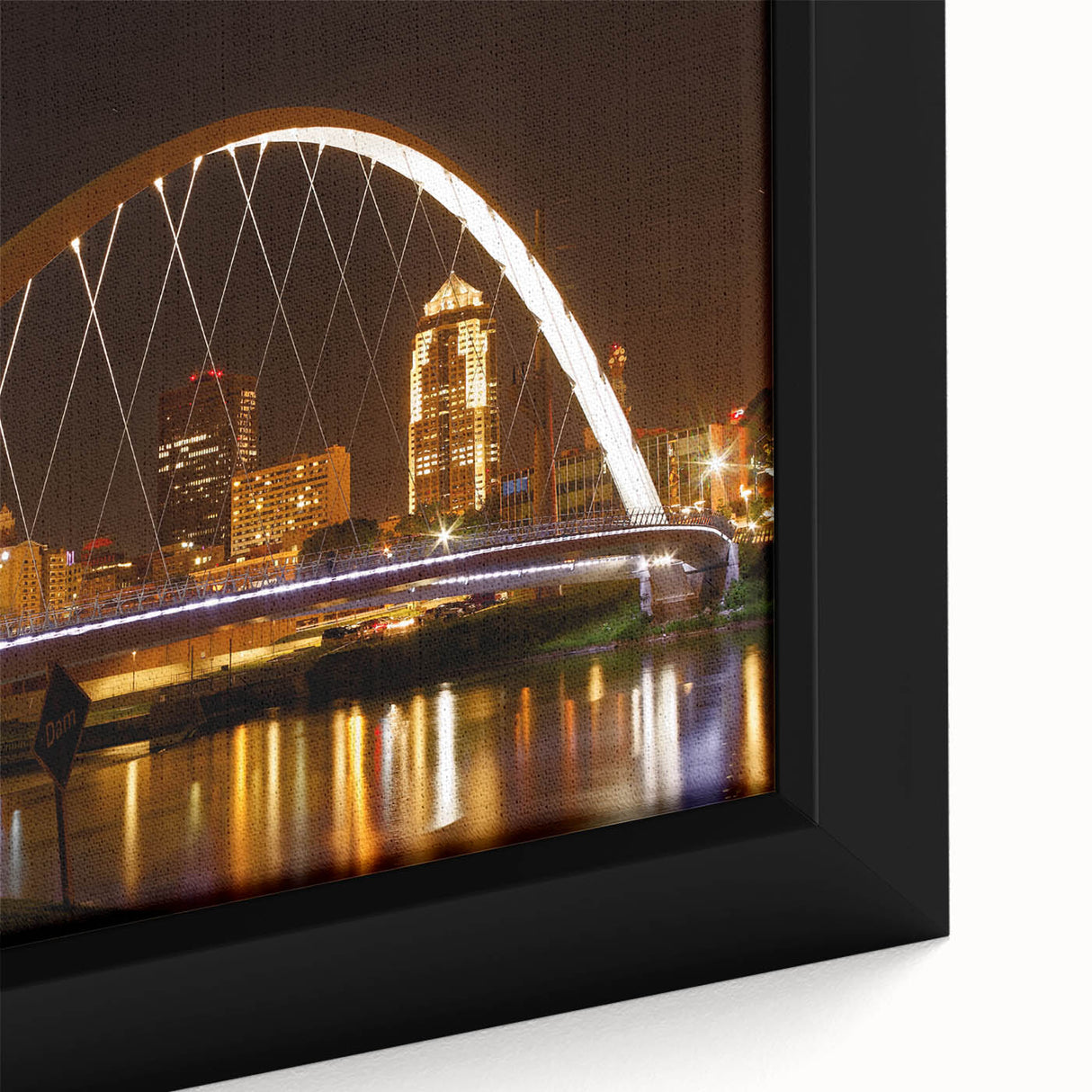 Extra large framed canvas featuring a textured depiction of Iowa scenery in black with colorful accents.