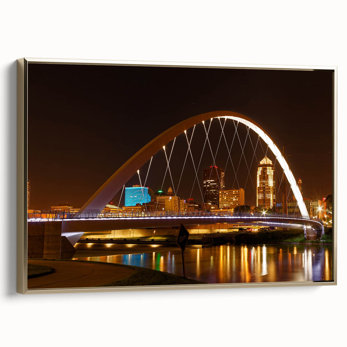 Framed canvas featuring a vintage-style landscape painting of Iowa with muted gold and black tones.