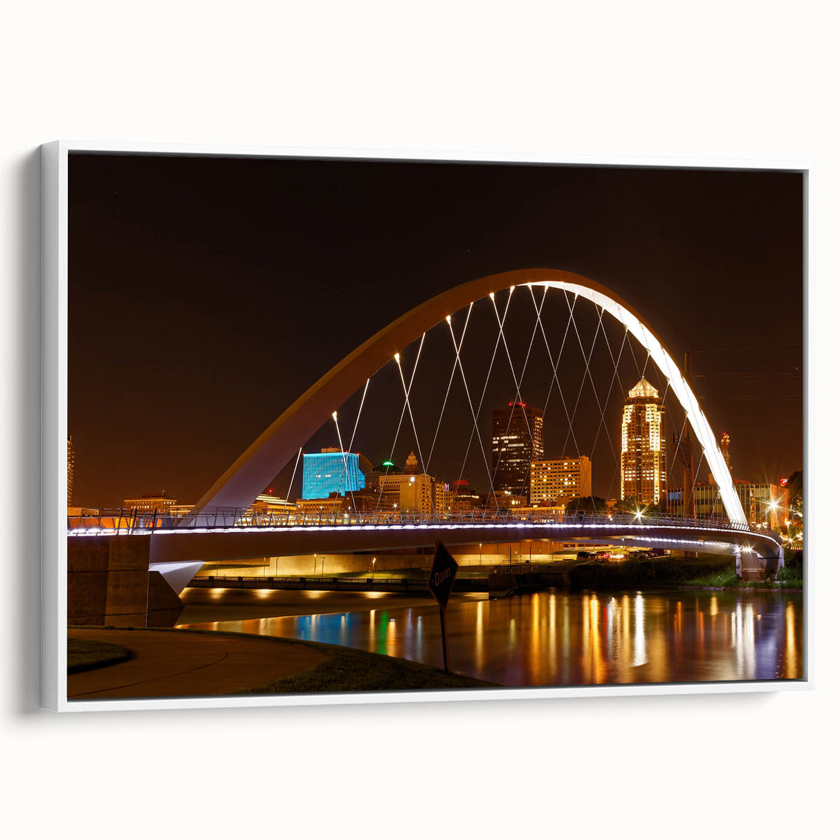 Vintage poster art of Iowa scenery on extra large framed canvas, featuring colorful art against a black background.