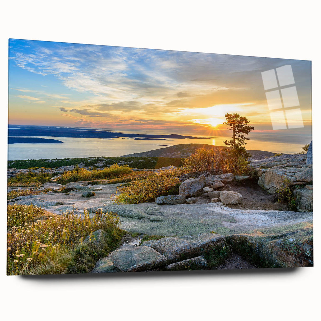 Large abstract acrylic print of Acadia's coastline in cool blue and gray tones, ideal for bedroom or dining room decor.