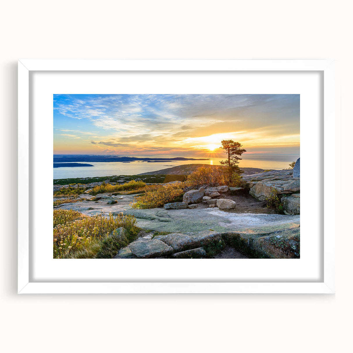 Abstract art print of Acadia in Maine featuring muted blue and green tones on a framed white mat.